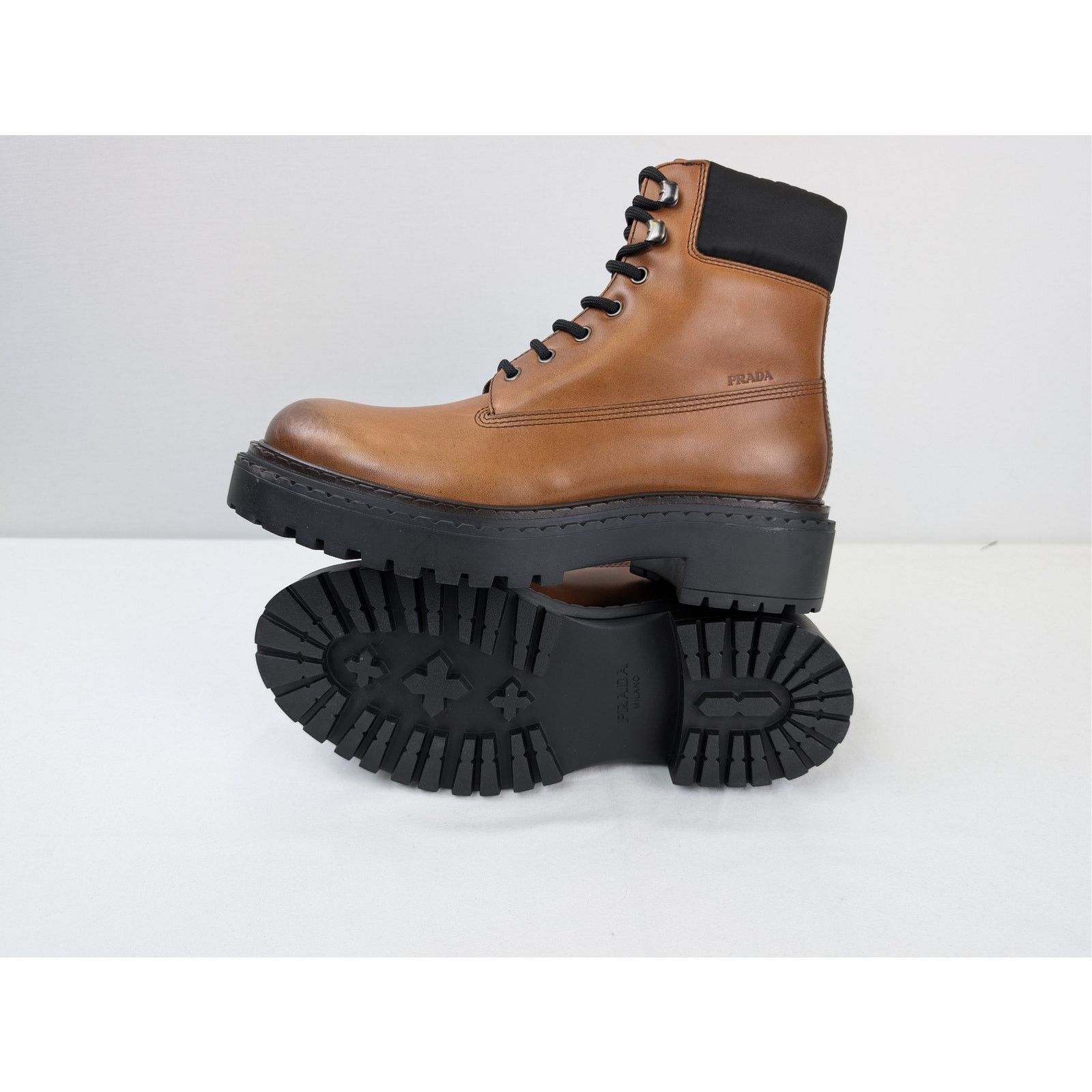 Prada o1rshd1 Leather and recycled nylon ankle boots Cognac Size US 9.5 / EU 42-43 - 13 Thumbnail