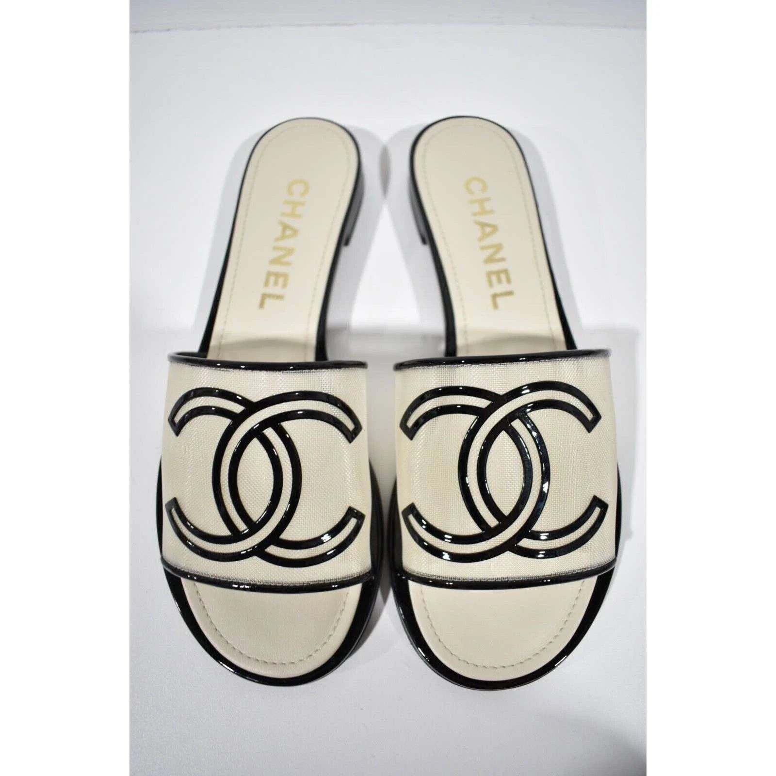 Chanel Chanel 21S Black Beige Mesh Patent CC Logo Slide Sandal Size US 7.5 / IT 37.5 - 1 Thumbnail