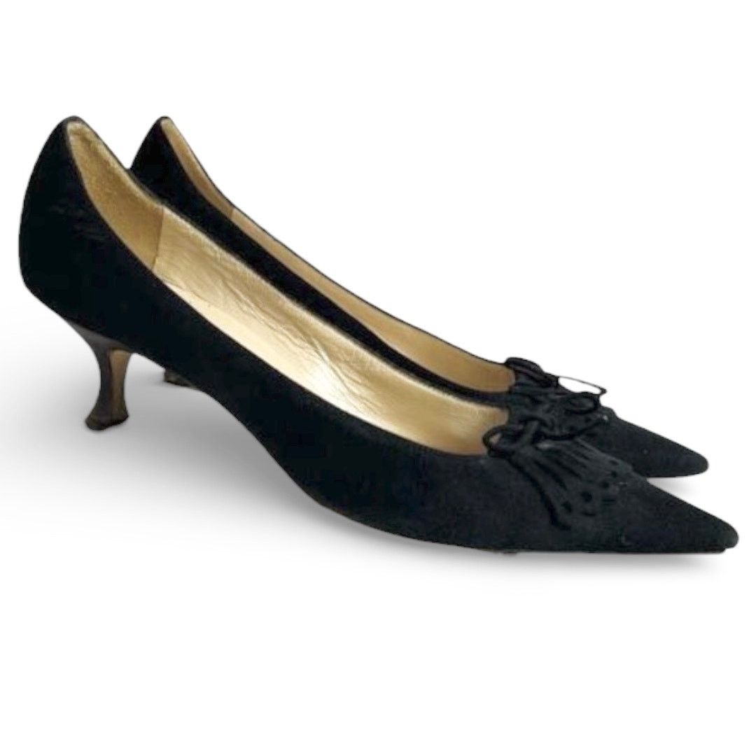 Manolo Blahnik Vintage Black Suede Bow Kitten Heel 35.5
