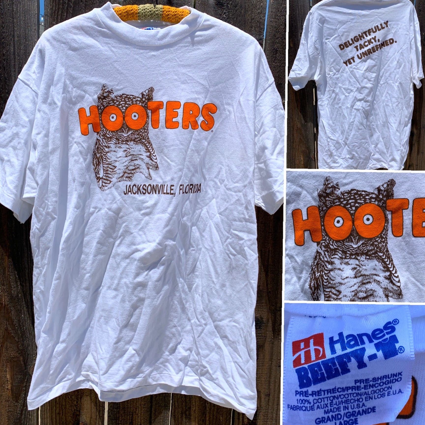 Hanes Vintage HOOTERS Jacksonville Florida T Shirt Delightfully Tacky Yet Unrefined L Mens White 1990s Graphic Tee Size US L / EU 52-54 / 3 - 7 Thumbnail