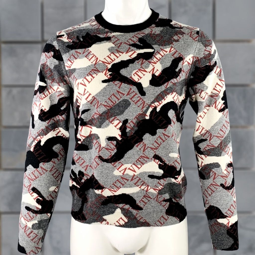 Valentino VALENTINO Size S Grey Black White Knit Camouflage VLTN Logo Cashmere Pullover Size US S / EU 44-46 / 1 - 1 Thumbnail