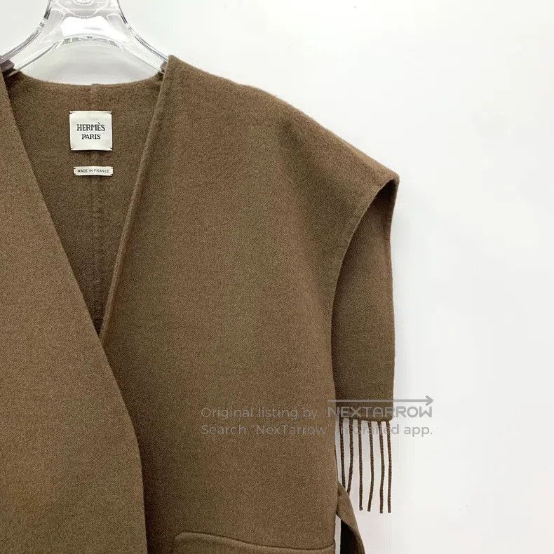 Hermes Hermes Brown Fringe Cashmere V-Neck Belted Sleeveless Over Size XXS / US 00 / IT 34 - 3 Thumbnail