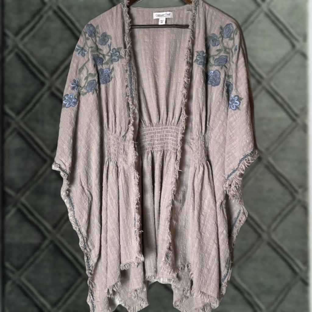 Coldwater Creek Coldwater Creek Cardigan One Size Kimono Sleeve Knit Floral Embroidered Open Front Bohemian Casual Fall Spring Summer Winter Beige Ecru Womens Size ONE SIZE - 1 Thumbnail