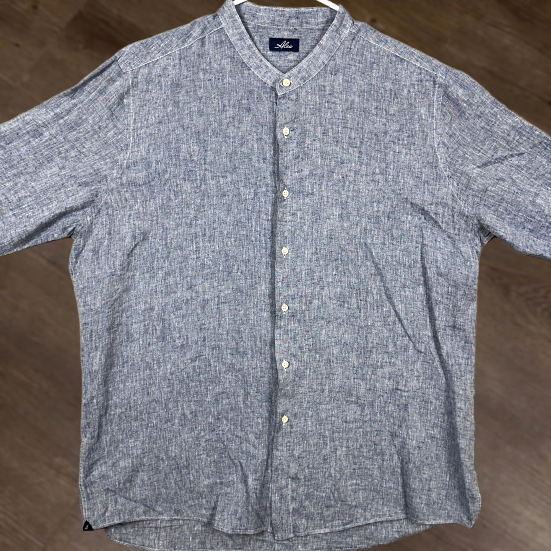 Vintage Alea Mens Shirt Dress Blue Linen Blend Band Collar Button Up Long Sleeve Size 48R - 1 Thumbnail