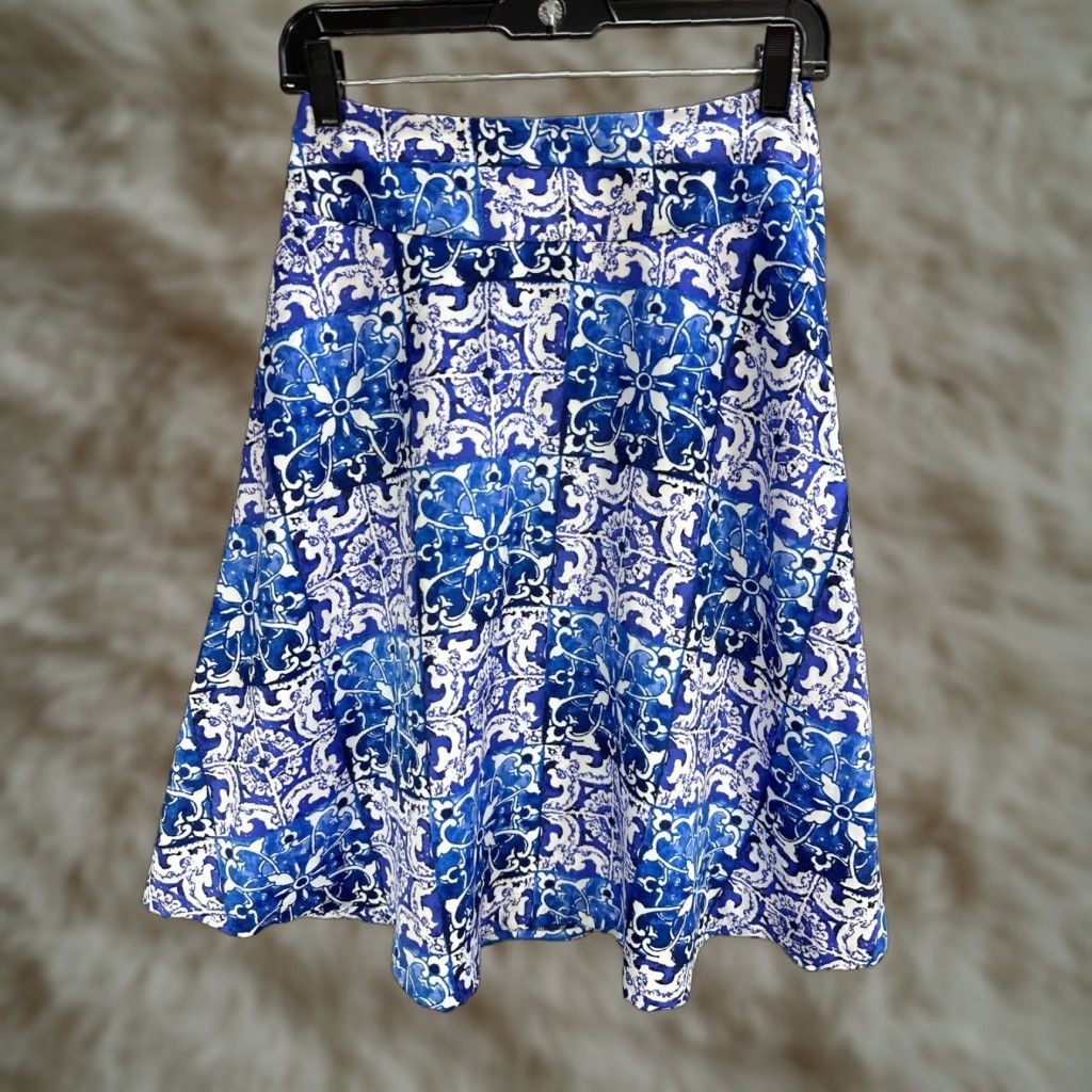 Vintage The Limited Blue White Mosaic Flare Midi Skirt Lined Flowy Casual Party Sz 0 Size 25" / US 0 / IT 36 - 1 Thumbnail