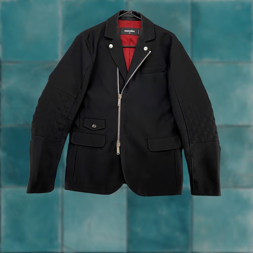 Dsquared2 Dsquared2 Mens Blazer 46 Black Wool Biker Jacket Asymmetric Zip Italy Quilted Size 46R - 1 Thumbnail