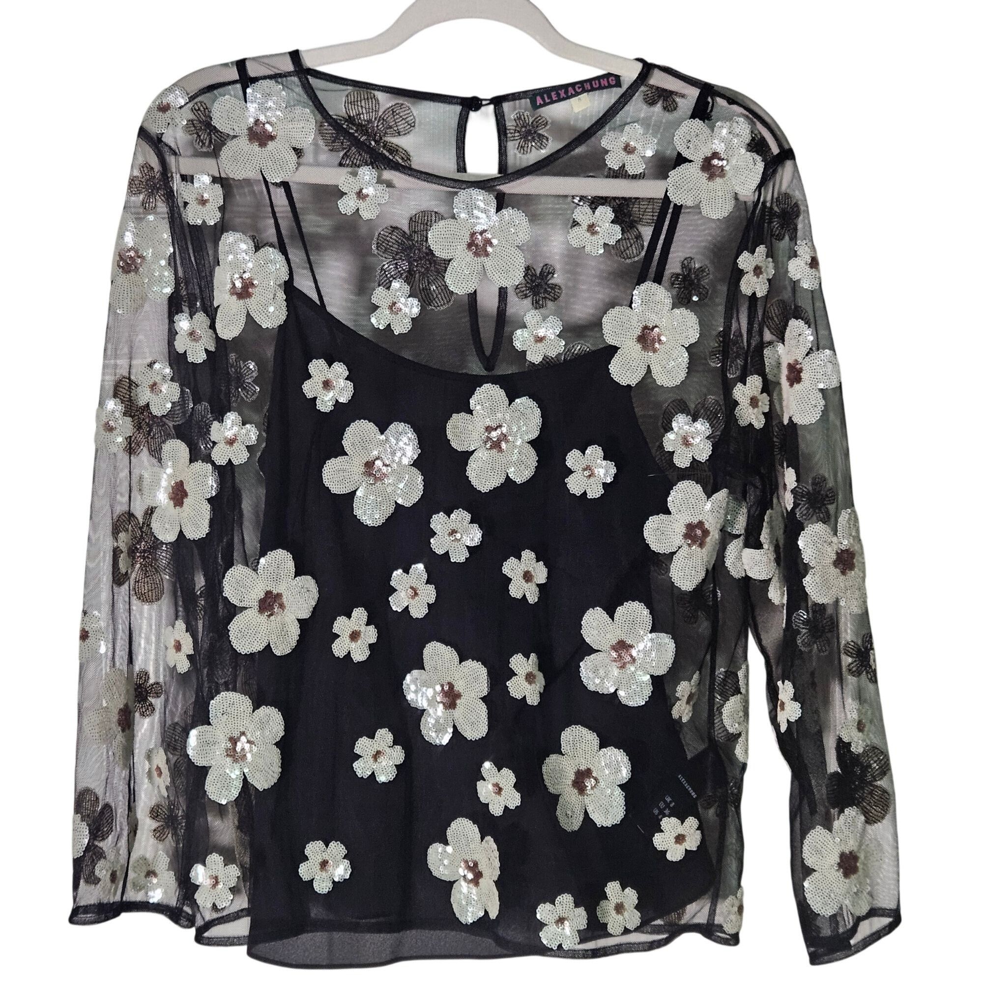 Other ALEXACHUNG Women Mesh Floral Top 4 Black Sheer Sequin Y2K Co Size S / US 4 / IT 40 - 2 Thumbnail