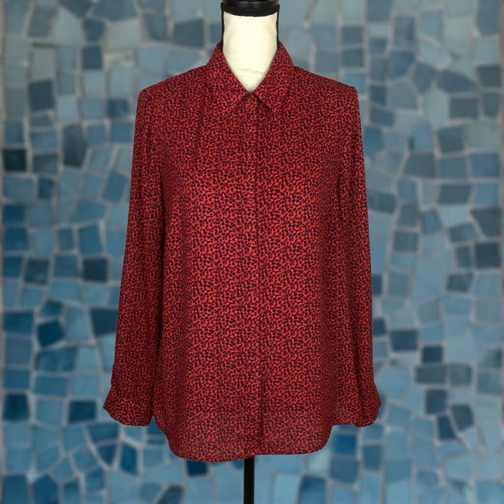 Dr2 Shirt Blouse Size M Red Blue Dots Long Sleeve Collared Button Front Woman, Women's