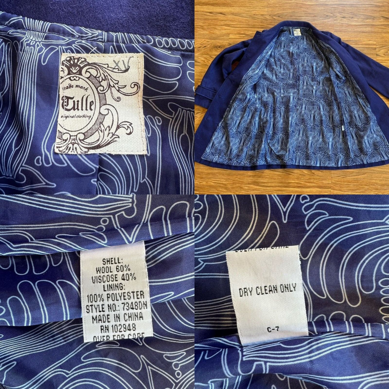 Vintage Tulle Jacket Pea Coat Wool Blend Blue Womens M Button Front Pockets Solid Mid-Length Vintage Style Size M / US 6-8 / IT 42-44 - 8 Thumbnail