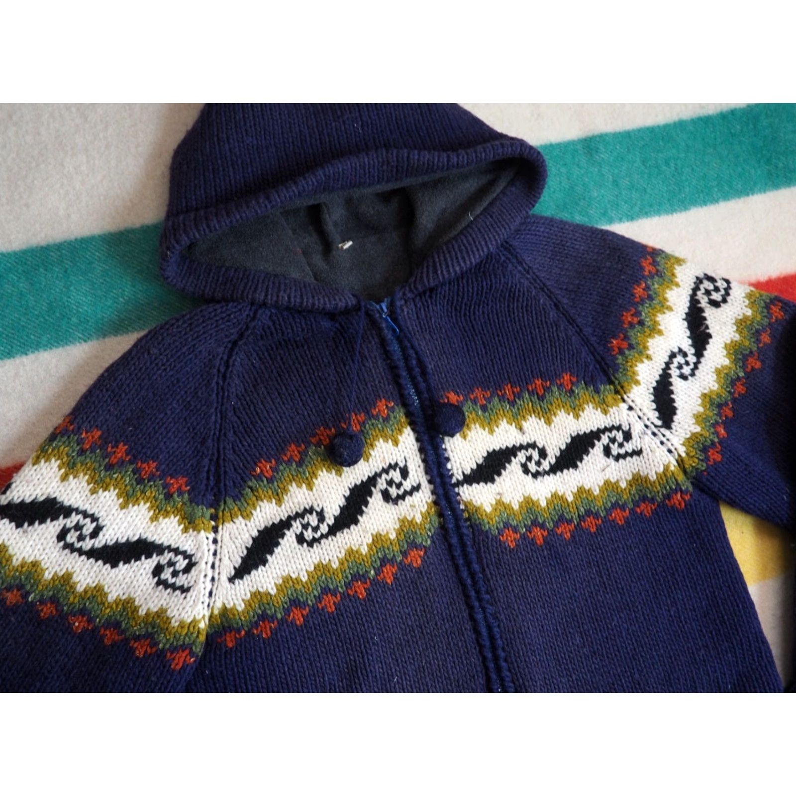 Vintage VTG Navy Blue Wave Hooded Full Zip Wool Fleece Lined Cowichan Sweater Womens M Size M / US 6-8 / IT 42-44 - 2 Thumbnail