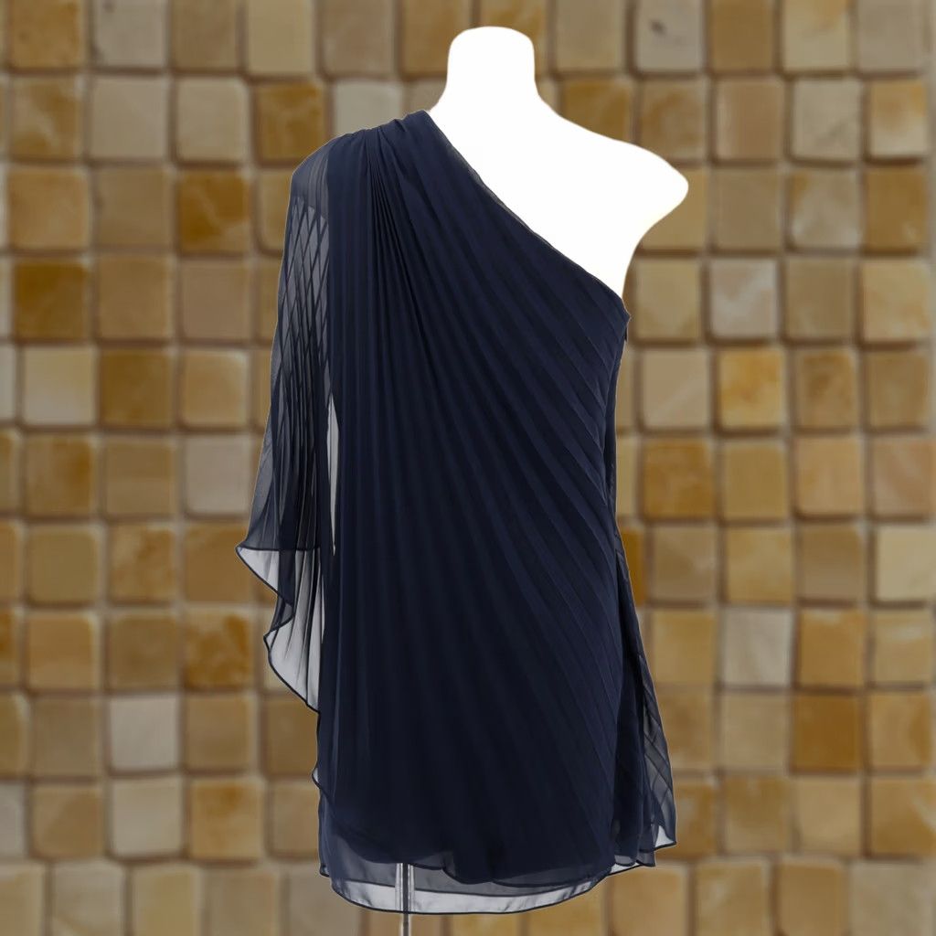 Vintage Xscape One Shoulder Pleated Bejeweled Lined Sheer Mini Dress Navy 6 Women Party Cocktail Short Dress Size M / US 6-8 / IT 42-44 - 1 Thumbnail