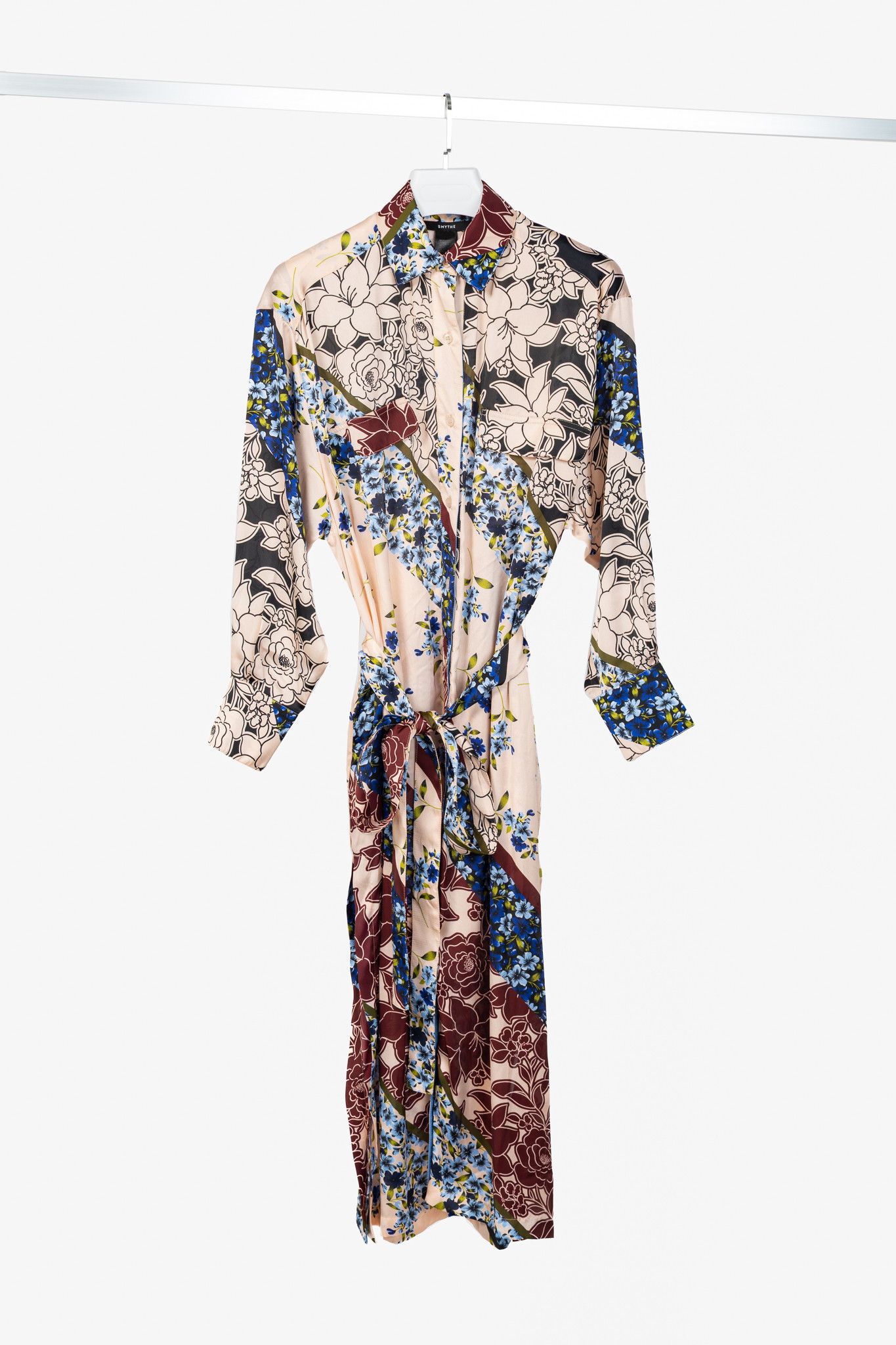 SMYTHE Smythe Multi Scarf Floral Print Belted Satin Shirt Dress Size XS / US 0-2 / IT 36-38 - 1 Thumbnail