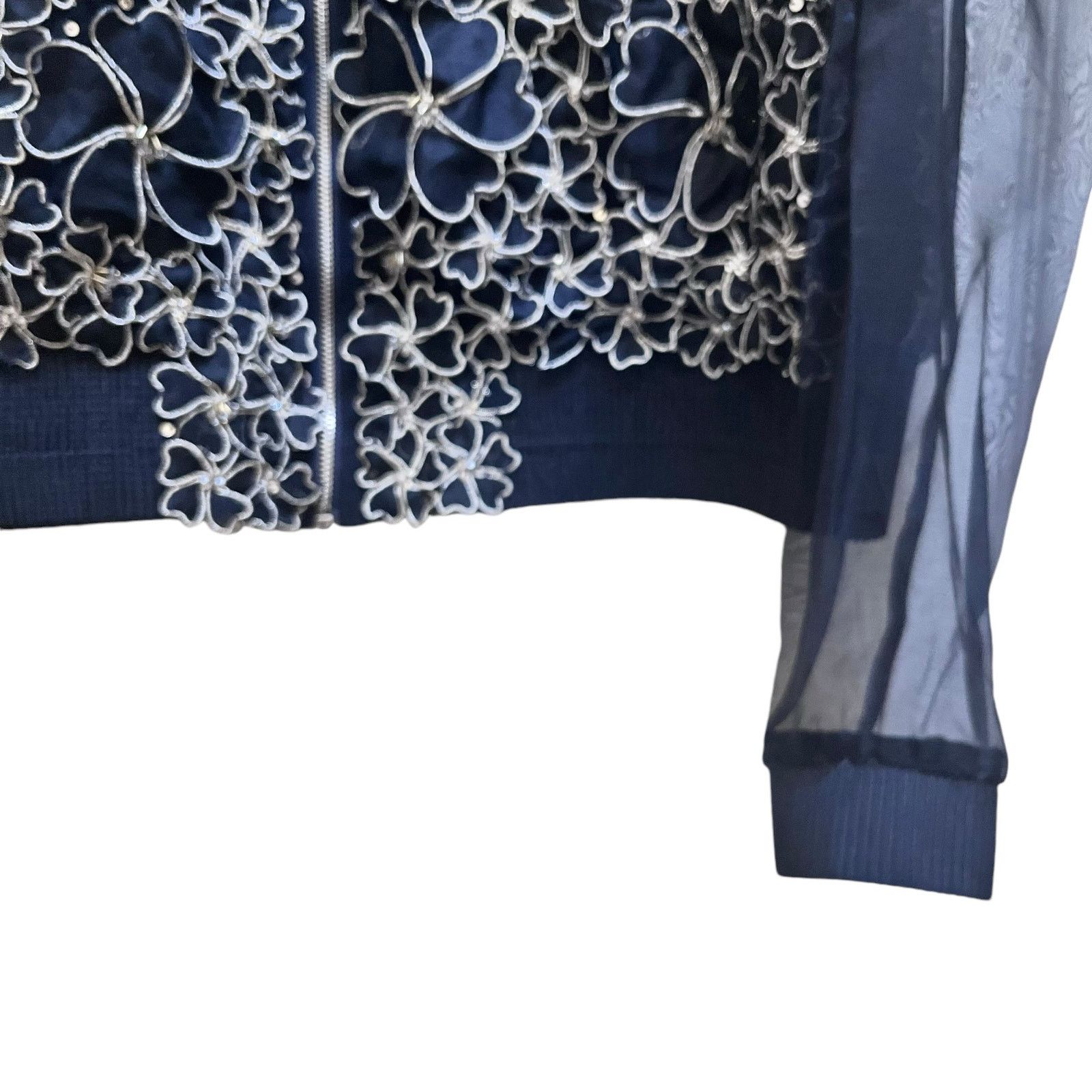 Elie Tahari Elie Tahari Navy Silver Floral Sheer Silk Bomber Jacket Size M / US 6-8 / IT 42-44 - 5 Thumbnail