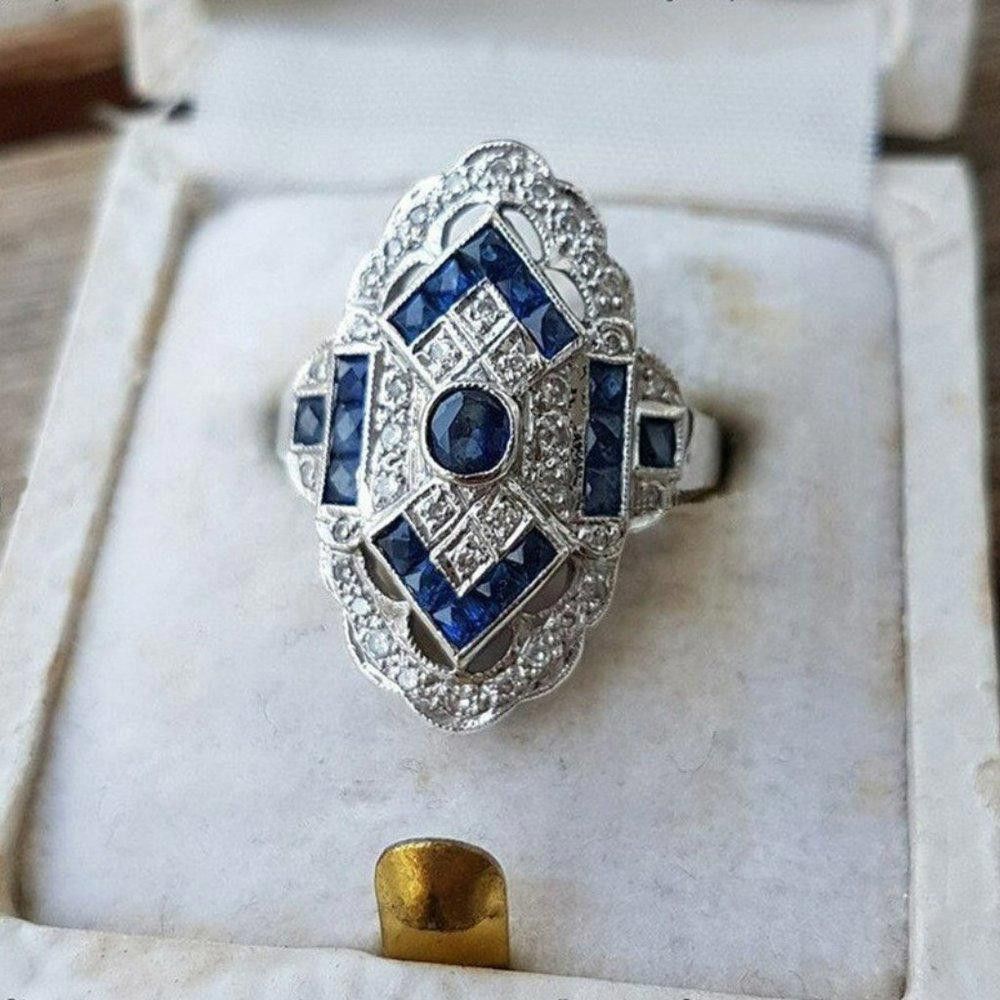 Designer Vintage Blue Sapphire European Silver Art Deco Ring - Size 7 Size ONE SIZE - 1 Thumbnail