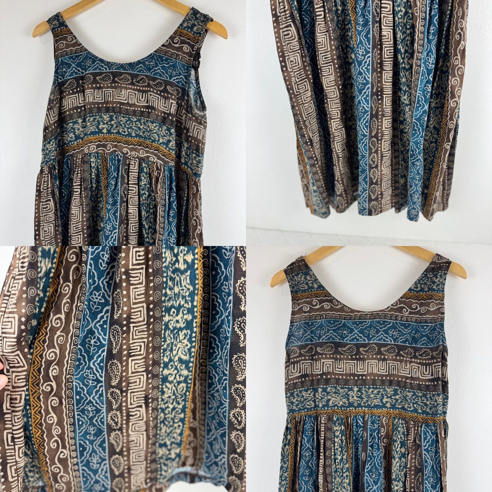 Vintage VINTAGE All That Jazz 90s Rayon Boho Geometric Paisley Mini Dress Blue Brown 9/10 Size L / US 10 / IT 46 - 8 Thumbnail