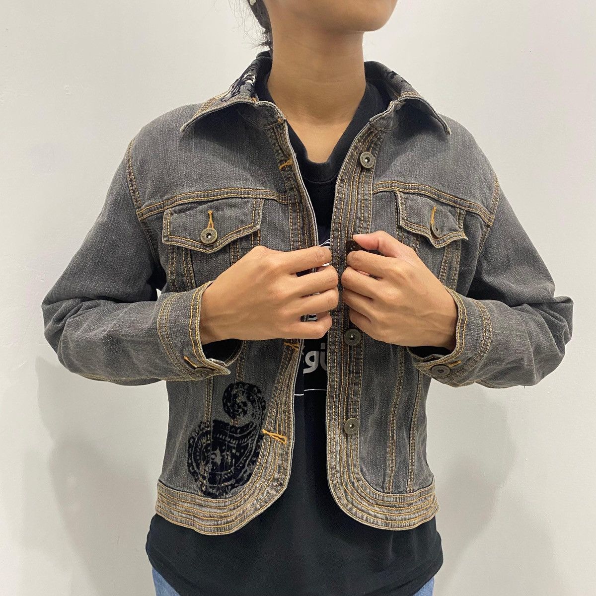 Vintage Eterno Belleza Paisley Black Denim Jacket Vintage Style Size M / US 6-8 / IT 42-44 - 4 Thumbnail