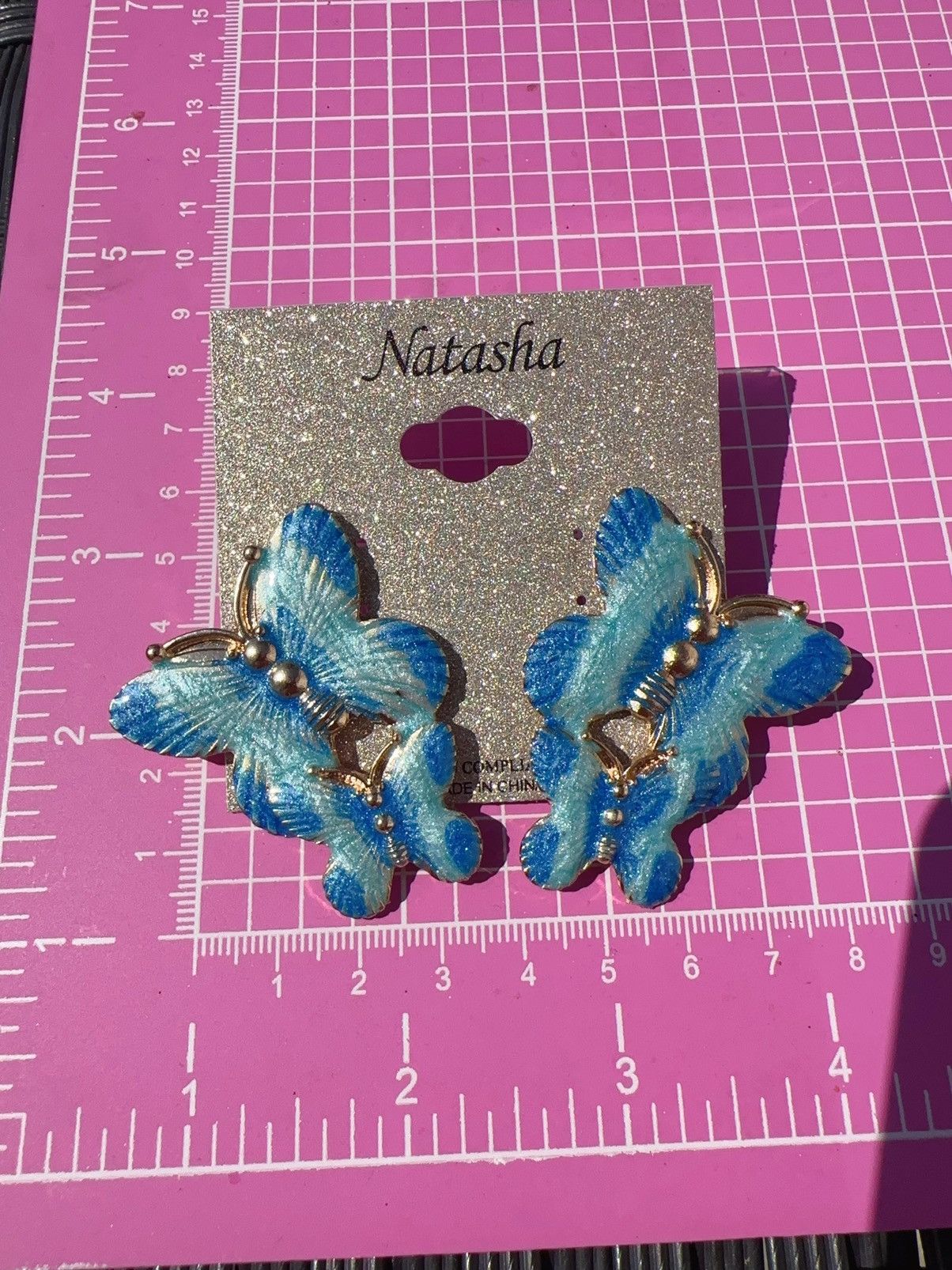 Designer Natasha gold tone blue butterfly gradient shiny earrings Size ONE SIZE - 2 Thumbnail