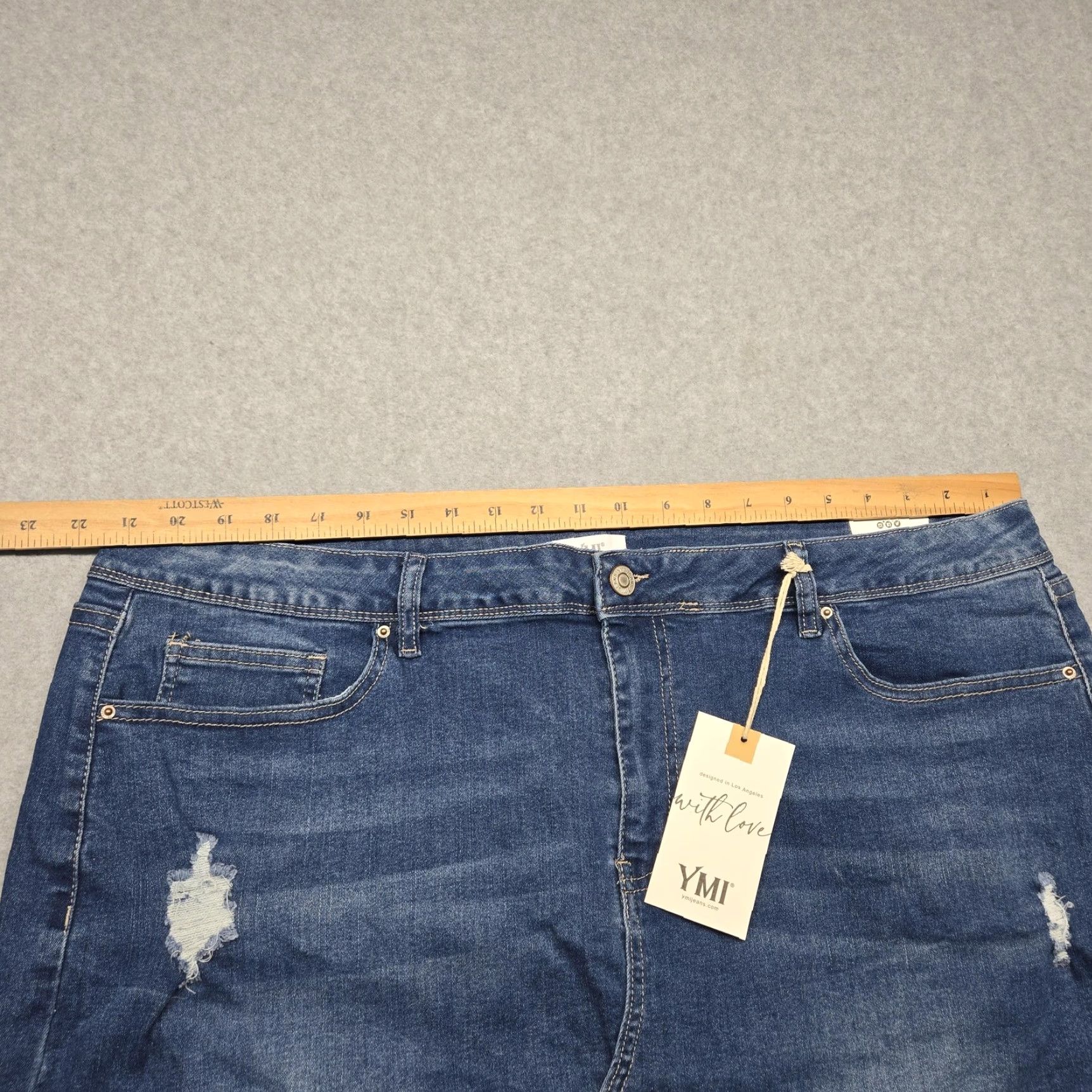 Denime YMI Skirt Womens 20 Blue Stretch Denim Distressed Frayed Hem Front Slit NWT Size 42" / US 20 - 4 Thumbnail