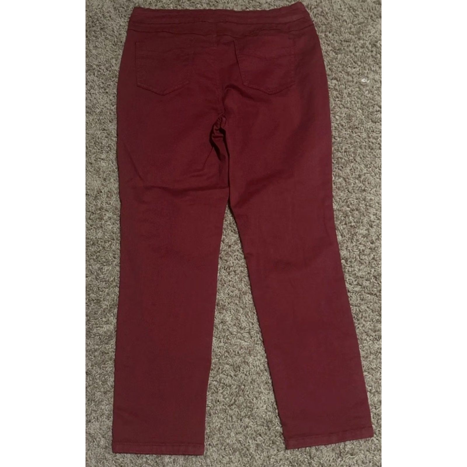 Vintage Tribal Pants Women 12 Burgundy Red Stretch Pull On Ankle Studded Pockets Elastic Waist 27.5" Inseam Straight Casual Modern Size 34" / US 12 / IT 48 - 3 Thumbnail