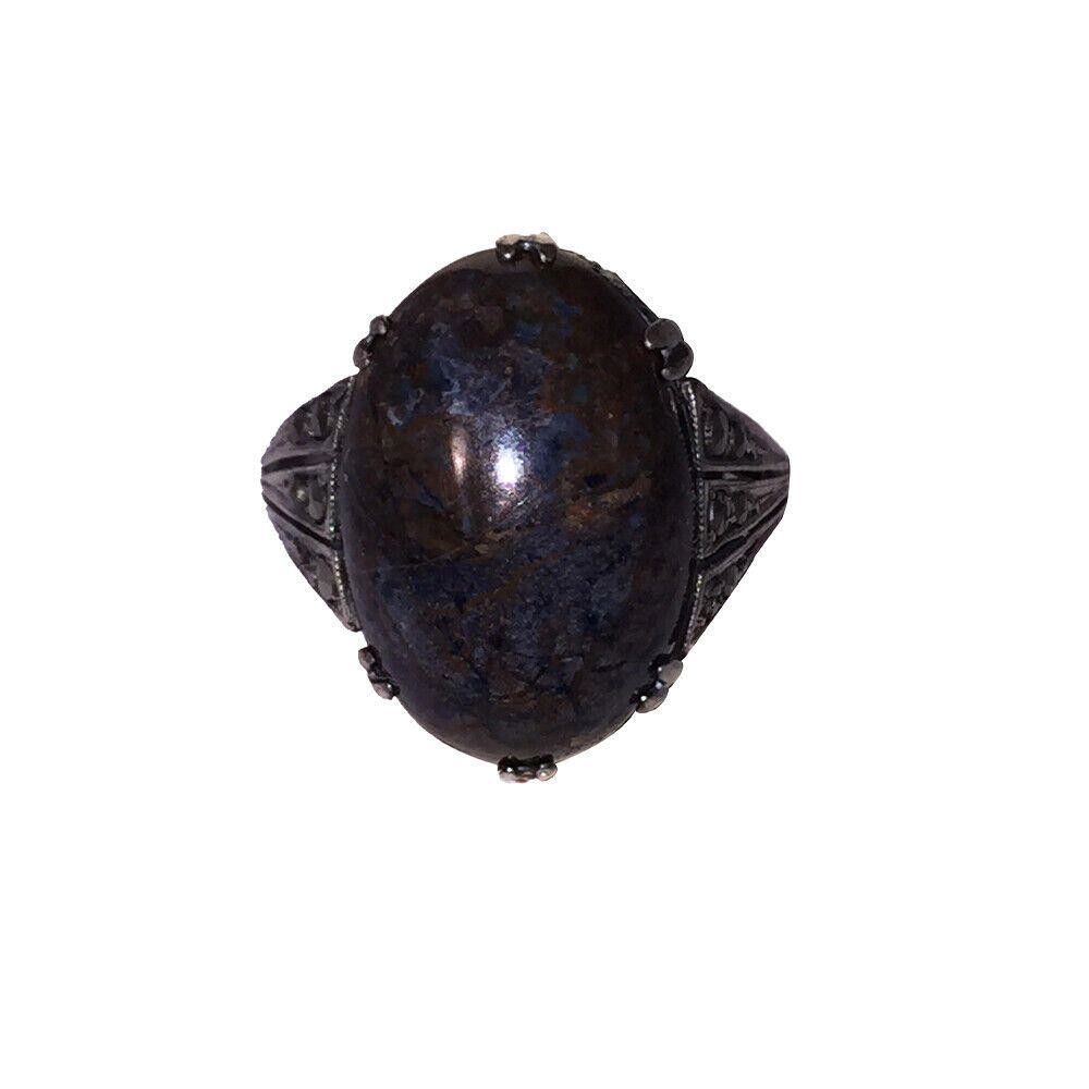 Designer Deco Sterling Oblong Green & Dark Blue Jasper Marcasite Ring Size ONE SIZE - 1 Thumbnail