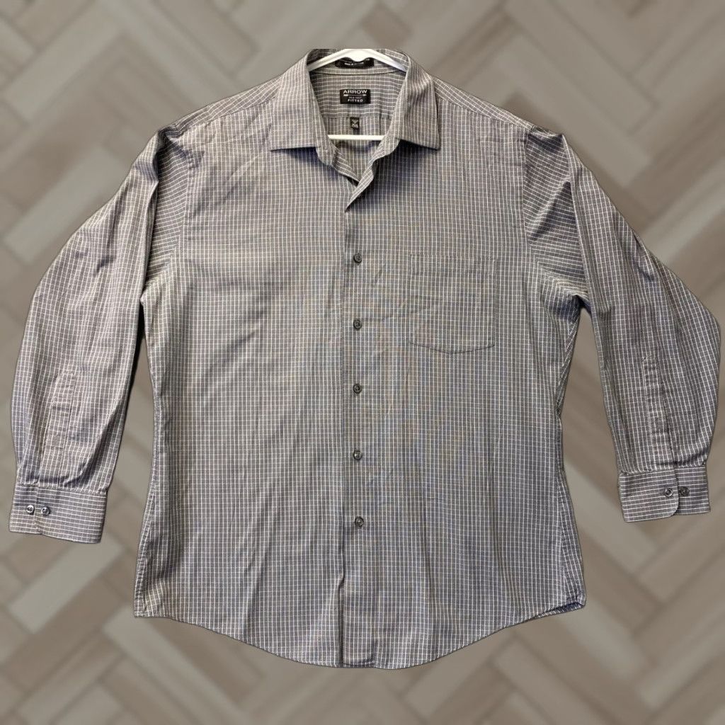 Arrow Arrow Dress Shirt Men’s XL Gray Long Sleeve Check Button-Up Casual, 17 32/33, Regular Fit, Classic Pattern, Office/Business, Arrow Size US XL / EU 56 / 4 - 1 Thumbnail