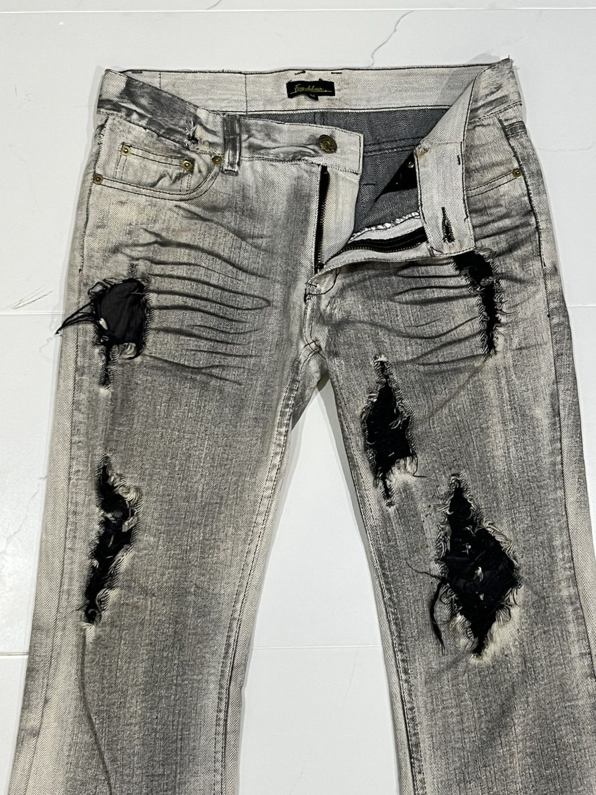 Japanese Brand FLARE💥Japan Brand Ripped Smoke Grey Flared Denim Jeans Size US 32 / EU 48 - 6 Thumbnail