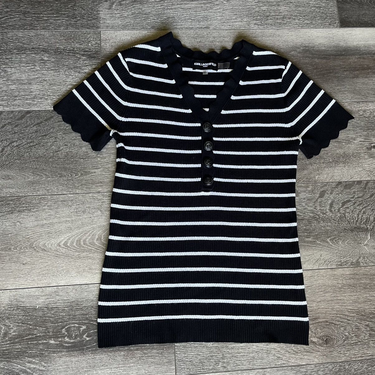 Designer × Karl Lagerfeld Karl Lagerfeld Paris Striped Ribbed Button Striped Top Shirt Size XS / US 0-2 / IT 36-38 - 1 Thumbnail