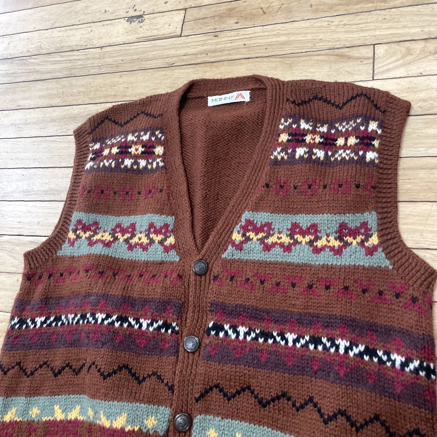 Vintage Manny Aztec Print Knit Vest Men M Brown Green Red Preppy Western Cardigan 42" Size US M / EU 48-50 / 2 - 4 Thumbnail