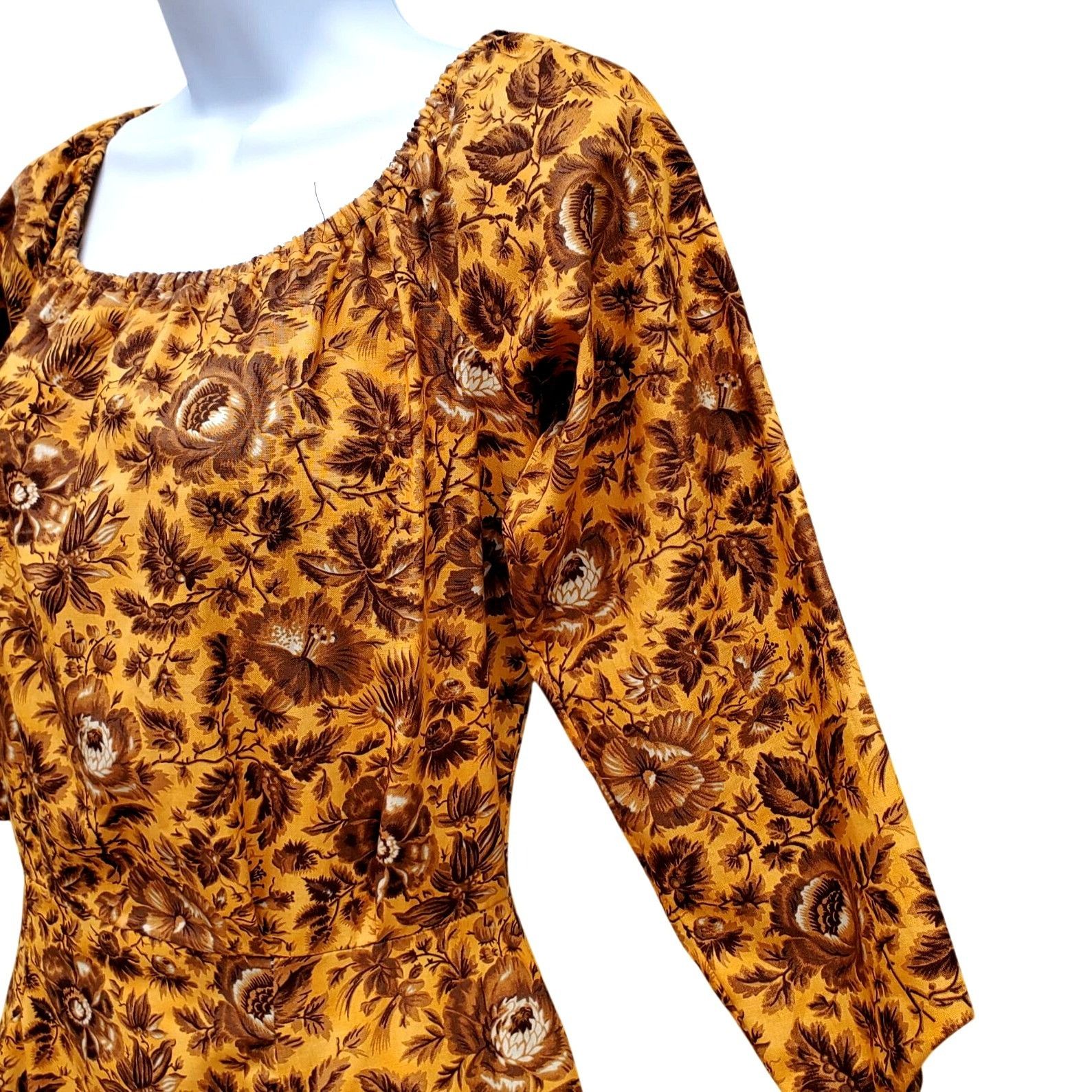 Handmade Vintage 70s Yellow Brown Floral Midi Dress Prairie Boho Autu Size L / US 10 / IT 46 - 4 Thumbnail