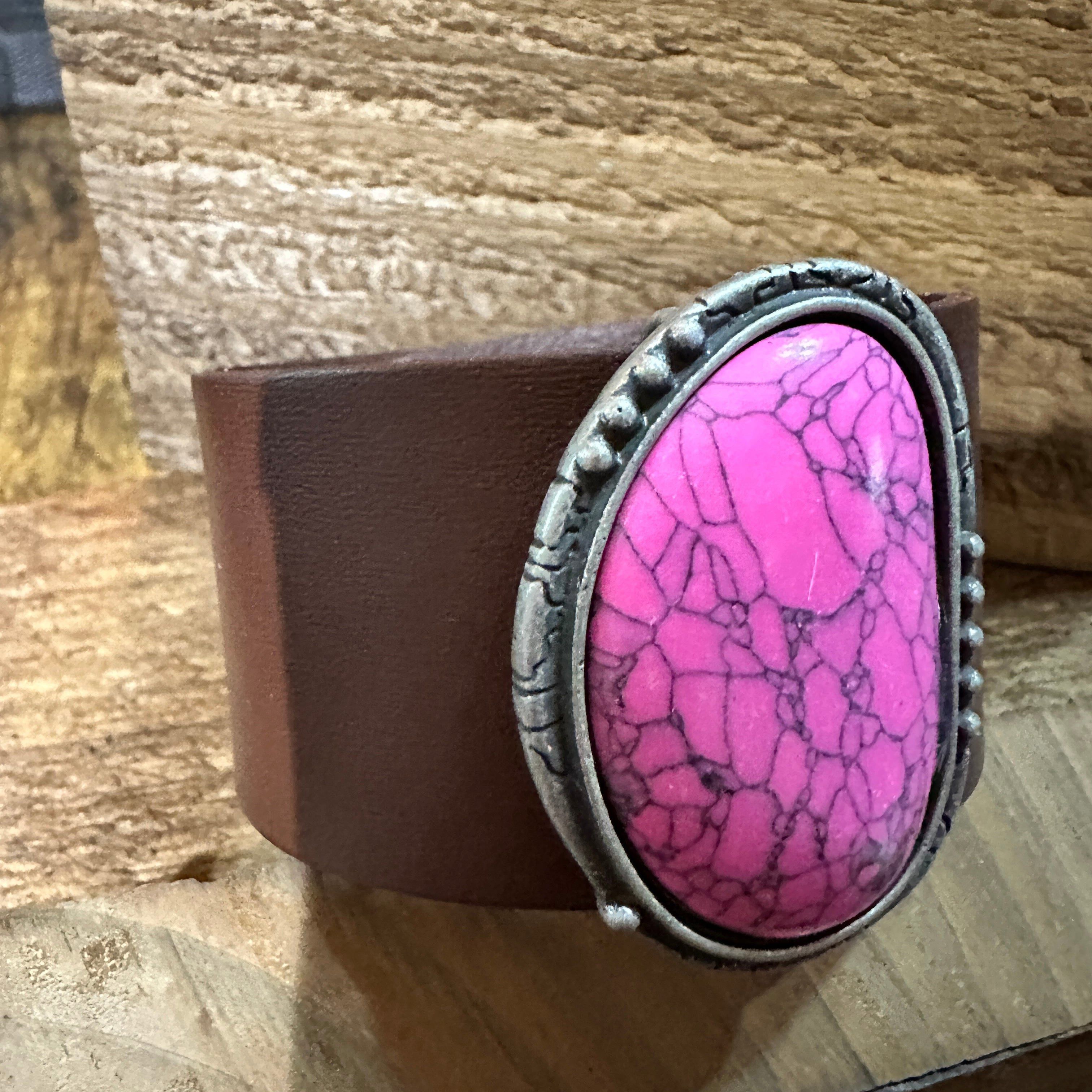Other Hot Pink Stone and Dark Brown Leather Cuff Bracelet Size ONE SIZE - 5 Thumbnail