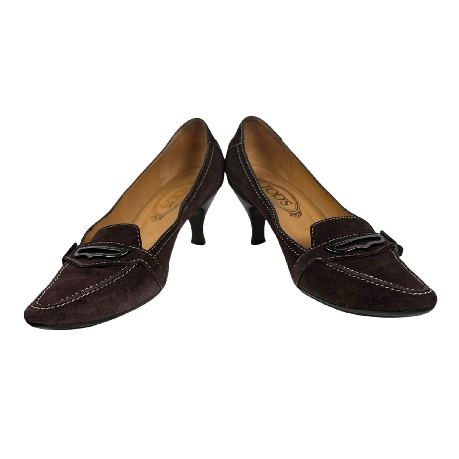 Vintage Tod's Dark Brown Suede Leather Low Heel Loafer Pumps Women's 7.5 Pointed Toe Mid Heel Leather Italy Workwear 2.5" Size US 8 / IT 38 - 3 Thumbnail
