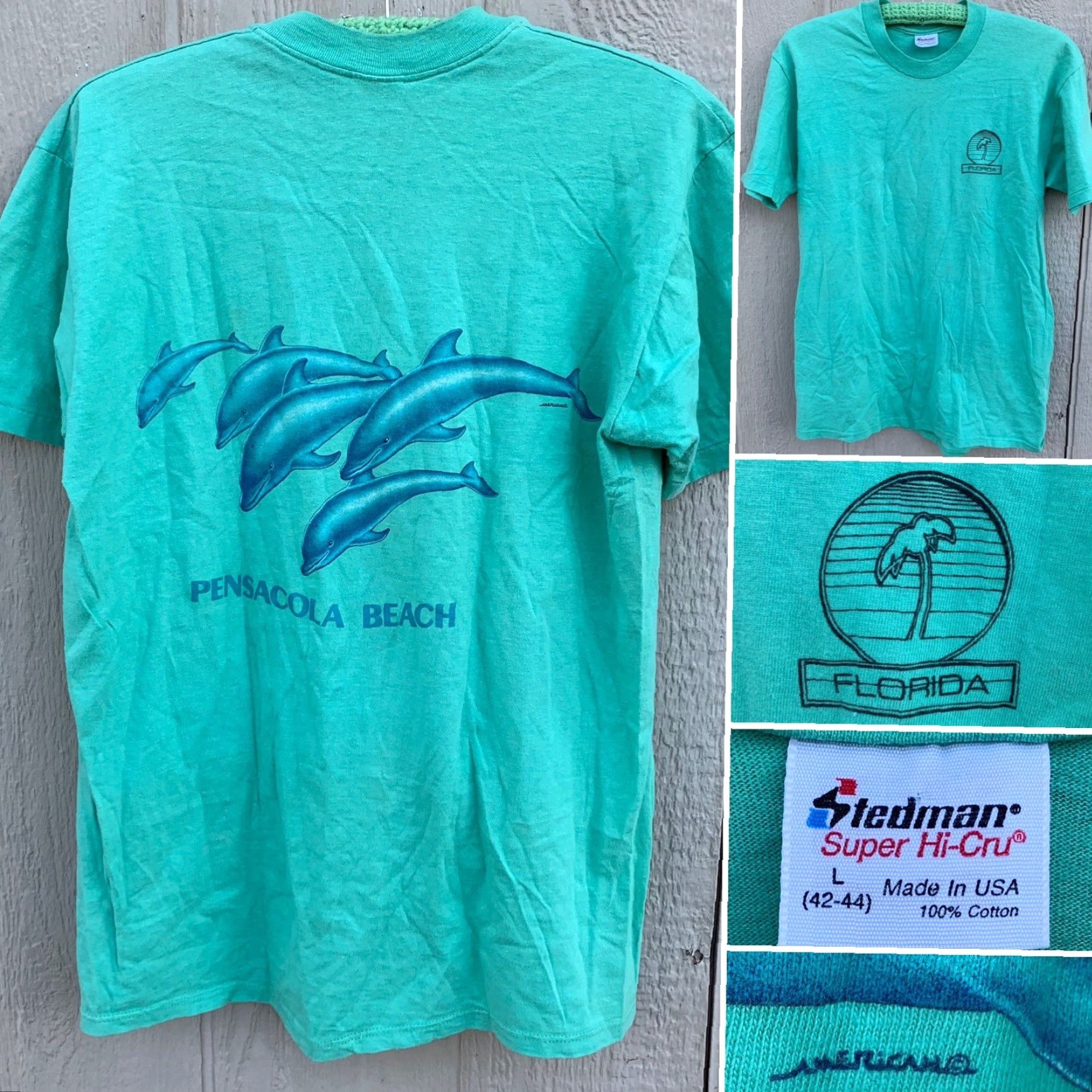 Vintage VINTAGE Pensacola Beach Florida dolphin graphics t-shirt Stedman Super Hi-Cru L Shirt Men 1980s Green Graphic Tee USA Dolphins Beach Size US L / EU 52-54 / 3 - 2 Thumbnail