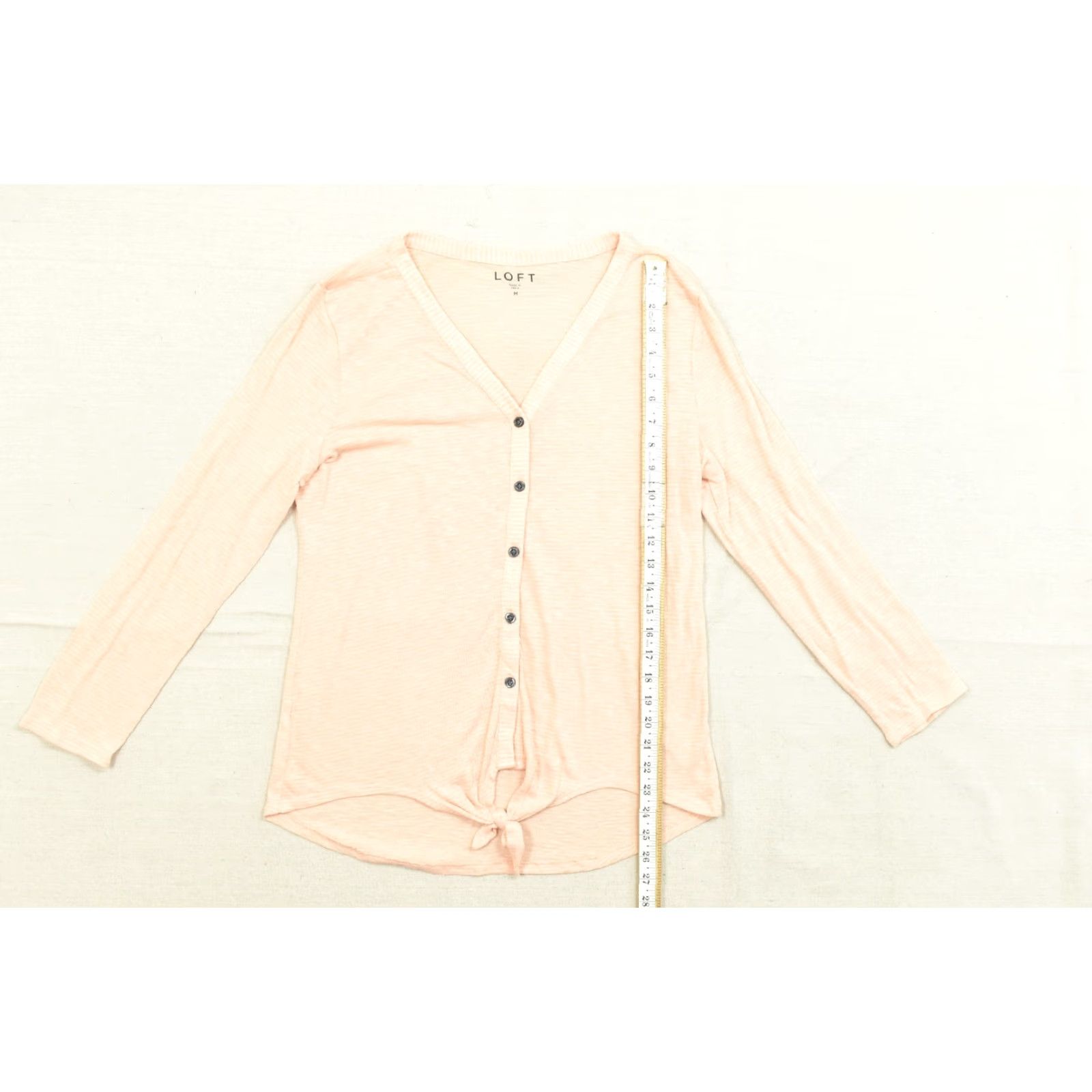 Loft LOFT Women's M Peach Striped Long Sleeve V-Neck Button Down Tie Front Top Blouse Shirt Womens Regular Pink Size M / US 6-8 / IT 42-44 - 4 Thumbnail