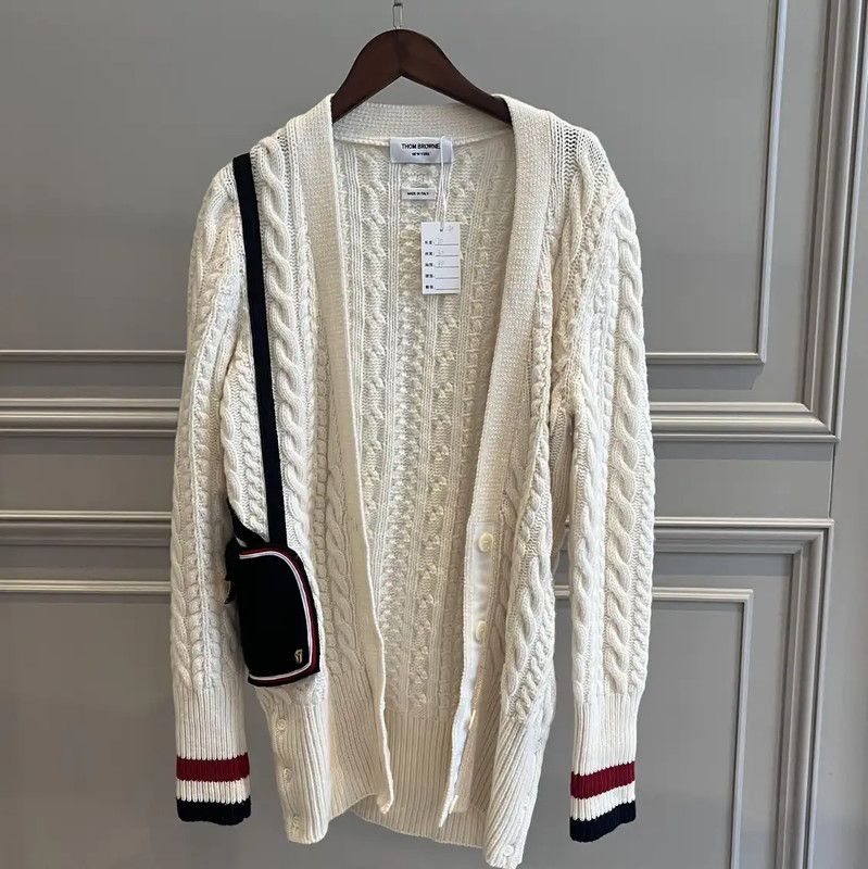 Thom Browne Thom Browne White Wool Cable Knit Cardigan 0089 Size S / US 4 / IT 40 - 1 Thumbnail