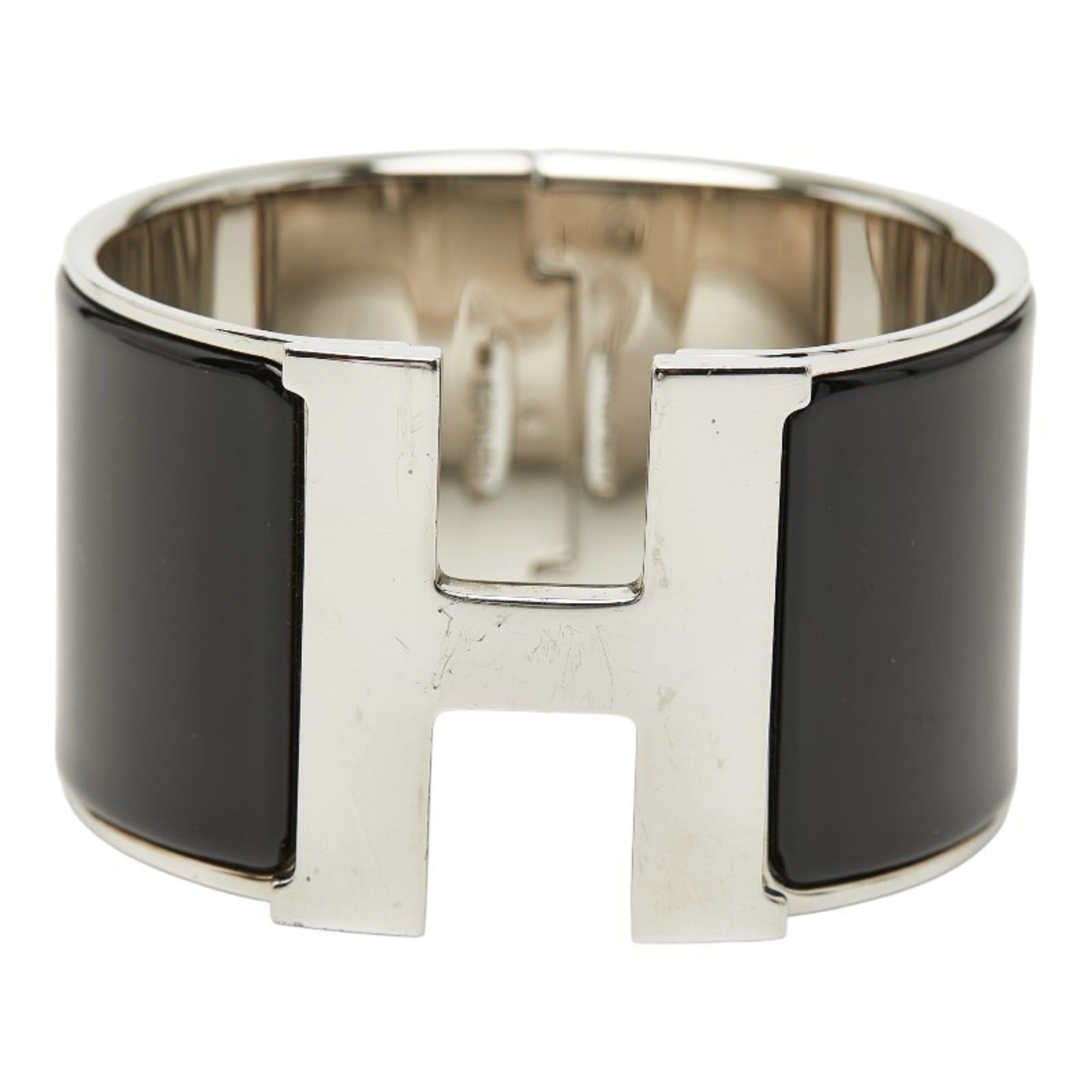 Hermes Hermès Click-Clack Extra Wide XL PM Bangle Bracelet in Black and Silver Metal for Women