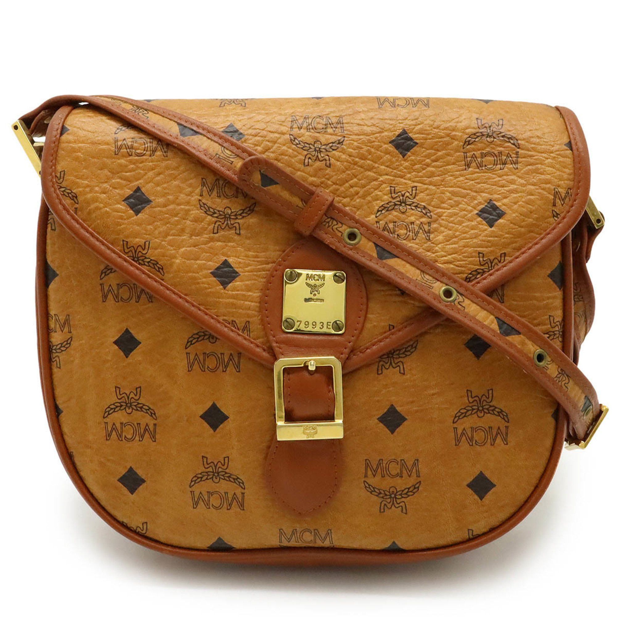 MCM Visetos Glam Shoulder Bag Pochette Pvc Leather Cognac Brown, Women's