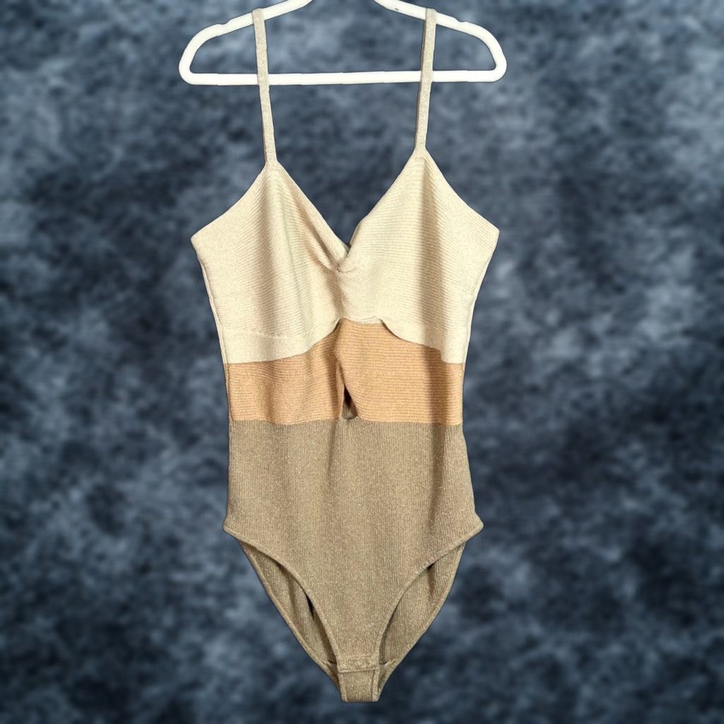 Sandro Sandro Womens Bodysuit Size 4 Ribbed Metallic Knit Beige/Gold Striped Shirt? Size S / US 4 / IT 40 - 1 Thumbnail