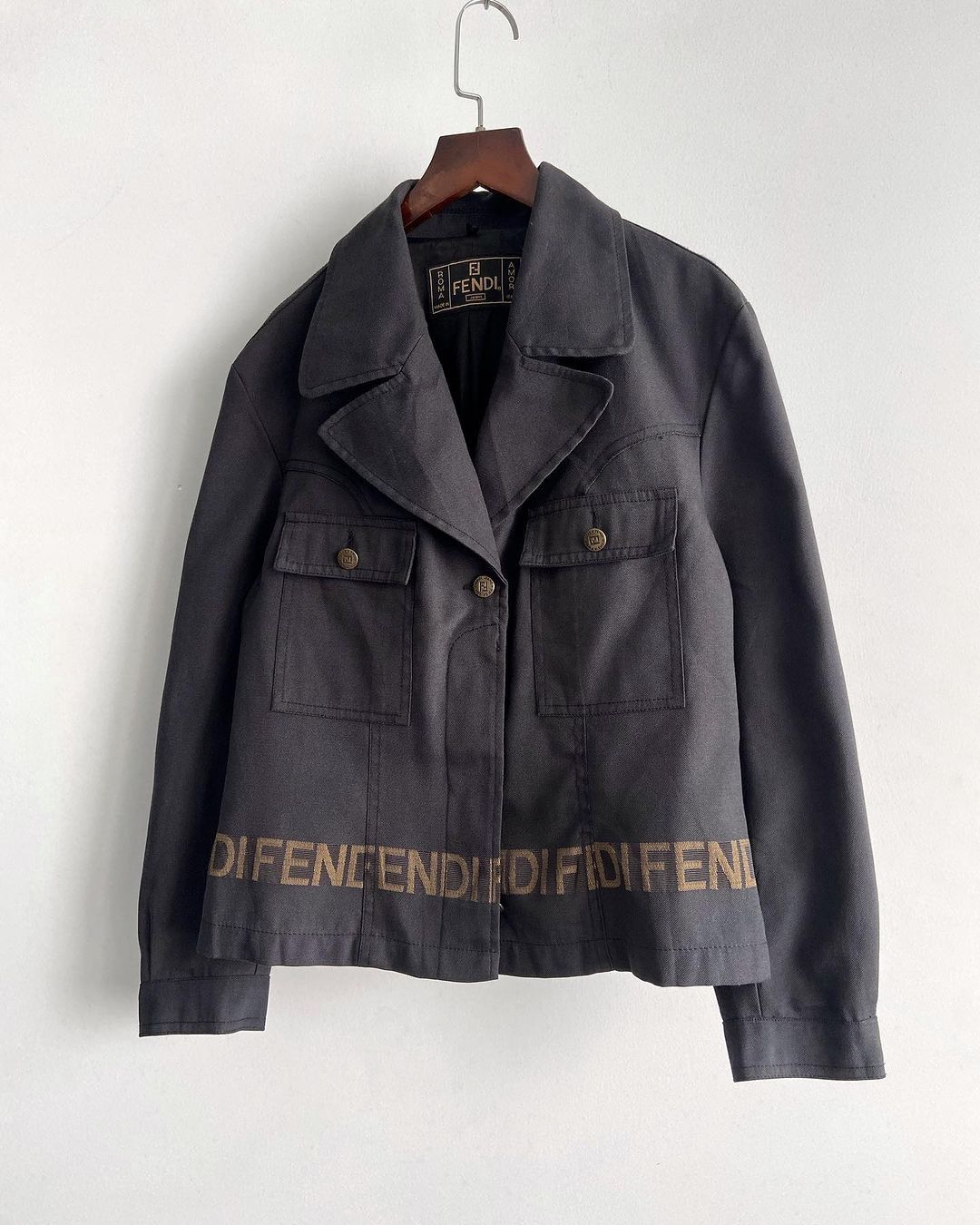 image of Vintage Fendi Single Breasted Collar Logo Denim Jacket in Black, Women's (Size Small)