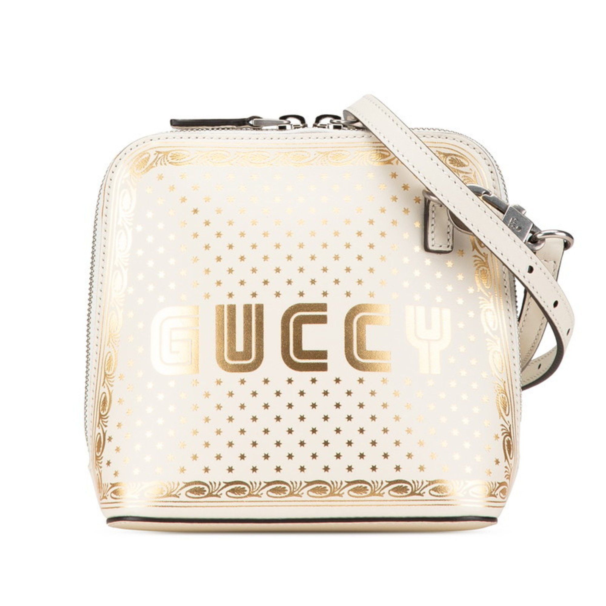Guccy Sega Print Mini Shoulder Bag 511189 White Gold Leather Women's Gucci