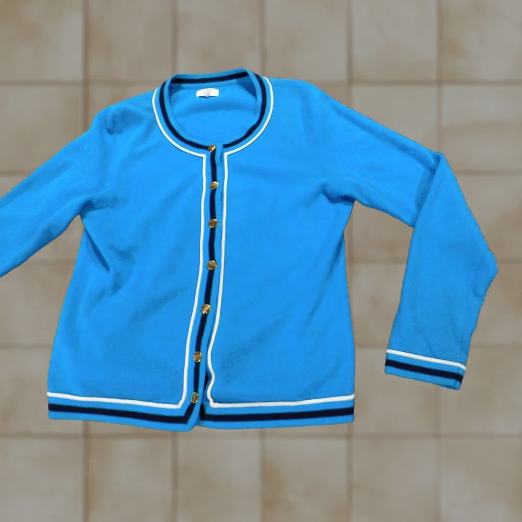 Vintage Crown & Ivy Womens Cardigan Sweater PL Petites Blue Crew Neck Button Stretch Raglan Long Sleeve Knit Cotton Regular Size L / US 10 / IT 46 - 1 Thumbnail