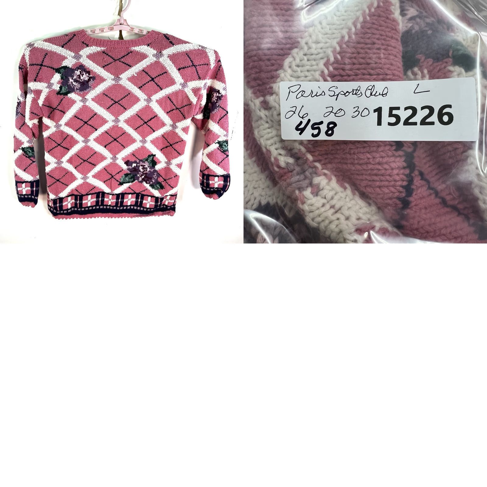 Vintage VINTAGE Paris Sports Club Sweater Womens L Pink Floral Knit Pullover Raglan Long Sleeve Round Neck 80s 90s City Paris (Hand Knitted) Size L / US 10 / IT 46 - 8 Thumbnail