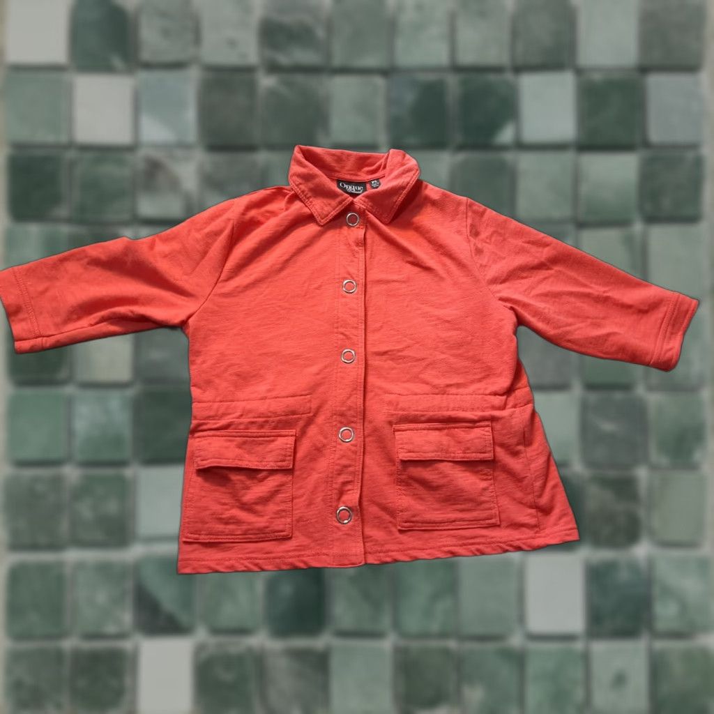 Vintage Onque Casuals Jacket 3/4 Sleeve Womens Petite Small Orange Floral Knit Top Cotton Blend Snap Pockets Size S / US 4 / IT 40 - 1 Thumbnail
