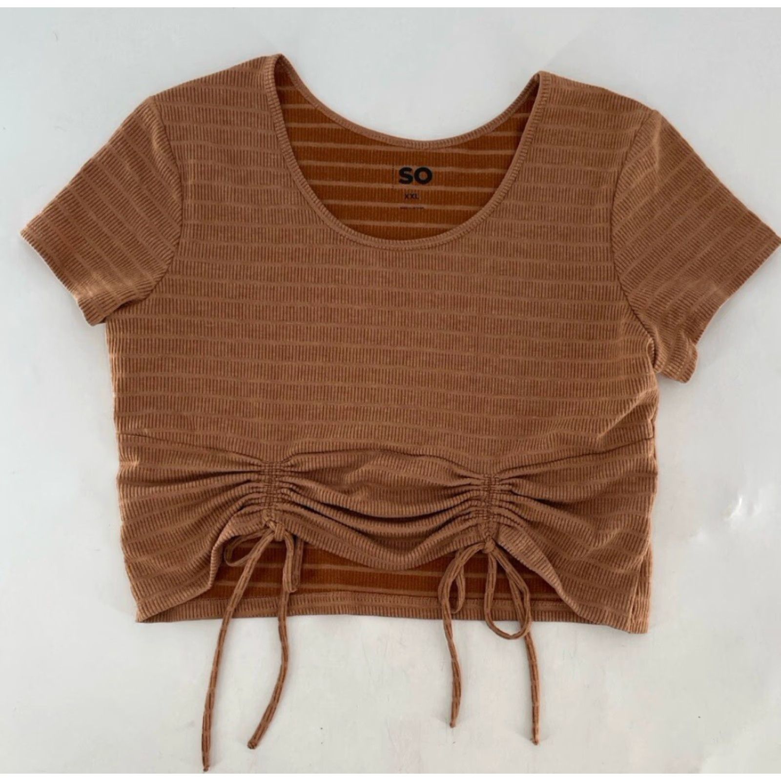 Camel SO Cropped Blouse Shirt Womens 2XL Cap Sleeve Striped Brown Boho Cropped Tie String Stretch Sleeveless? Size XXL / US 16-18 / IT 52-54 - 3 Thumbnail