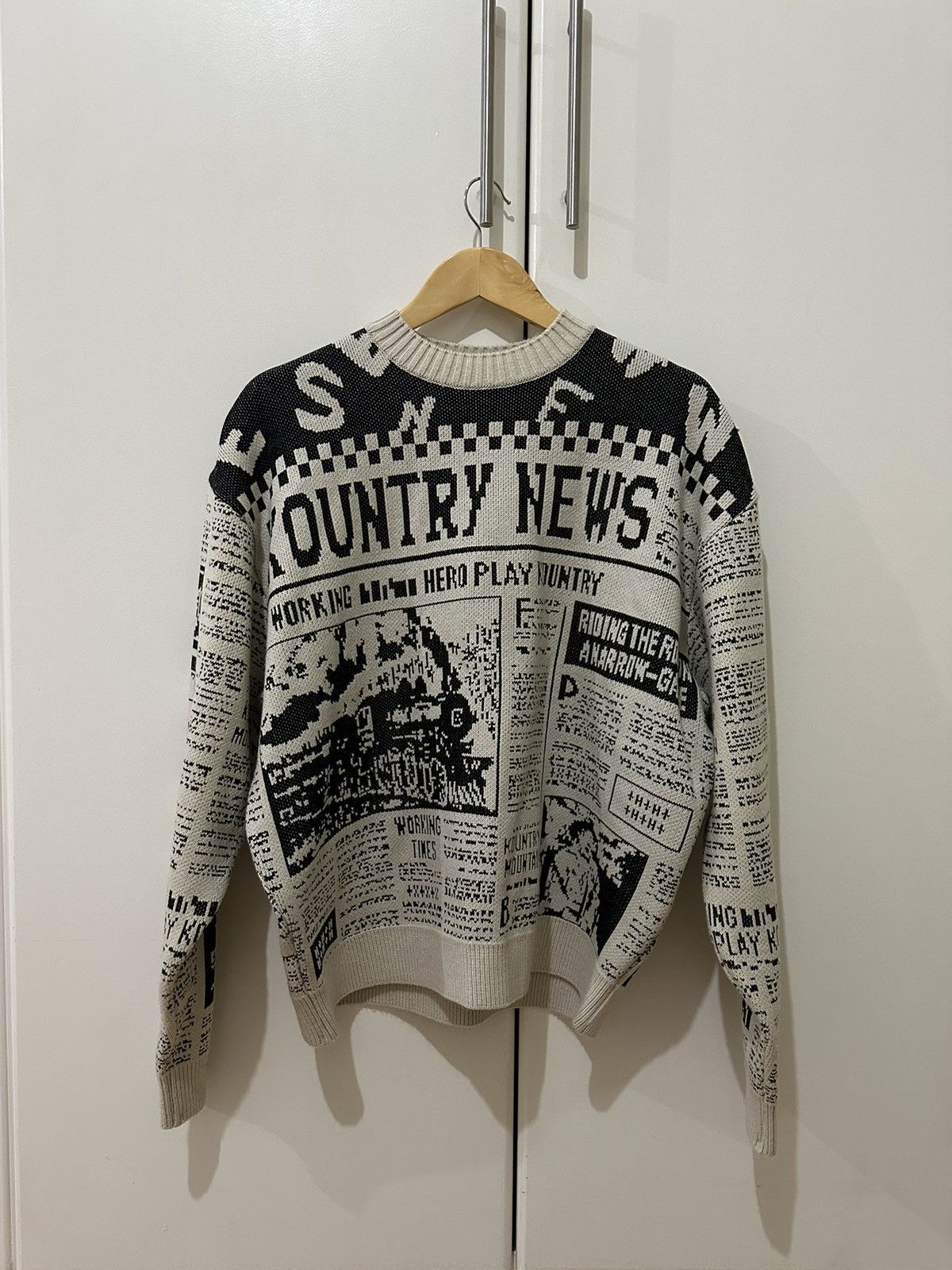 image of Kapital 8G Kountry News Newspaper Crew Sweater in White, Men's (Size Medium)