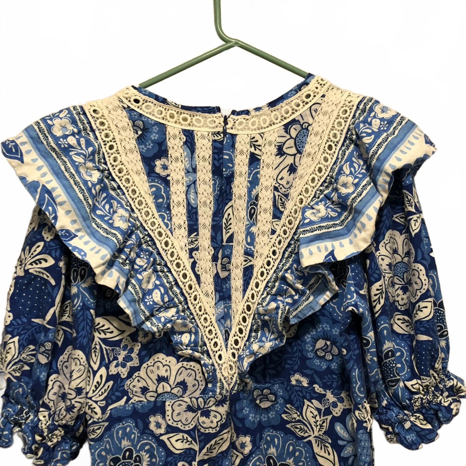 Farm Rio FARM Rio Full of Flowers Blue Floral Lace Jumpsuit M Boho Size 32" / US 10 / IT 46 - 12 Thumbnail