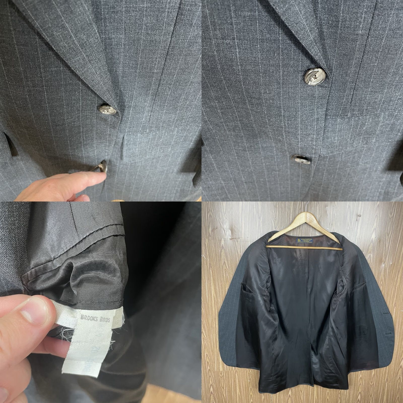 VINTAGE Brooks Brothers Blazer Mens 46R Gray Striped Pure Wool Two Buttons USA Made