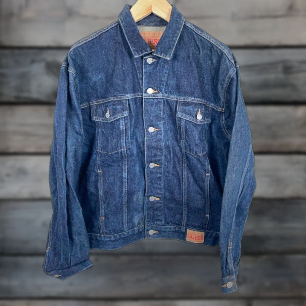 Guess VINTAGE GUESS Jeans Jacket Mens XL Dark Blue Denim Unlined Trucker 90s Retro Button Front Spin? Size US 36 / EU 52 - 1 Thumbnail