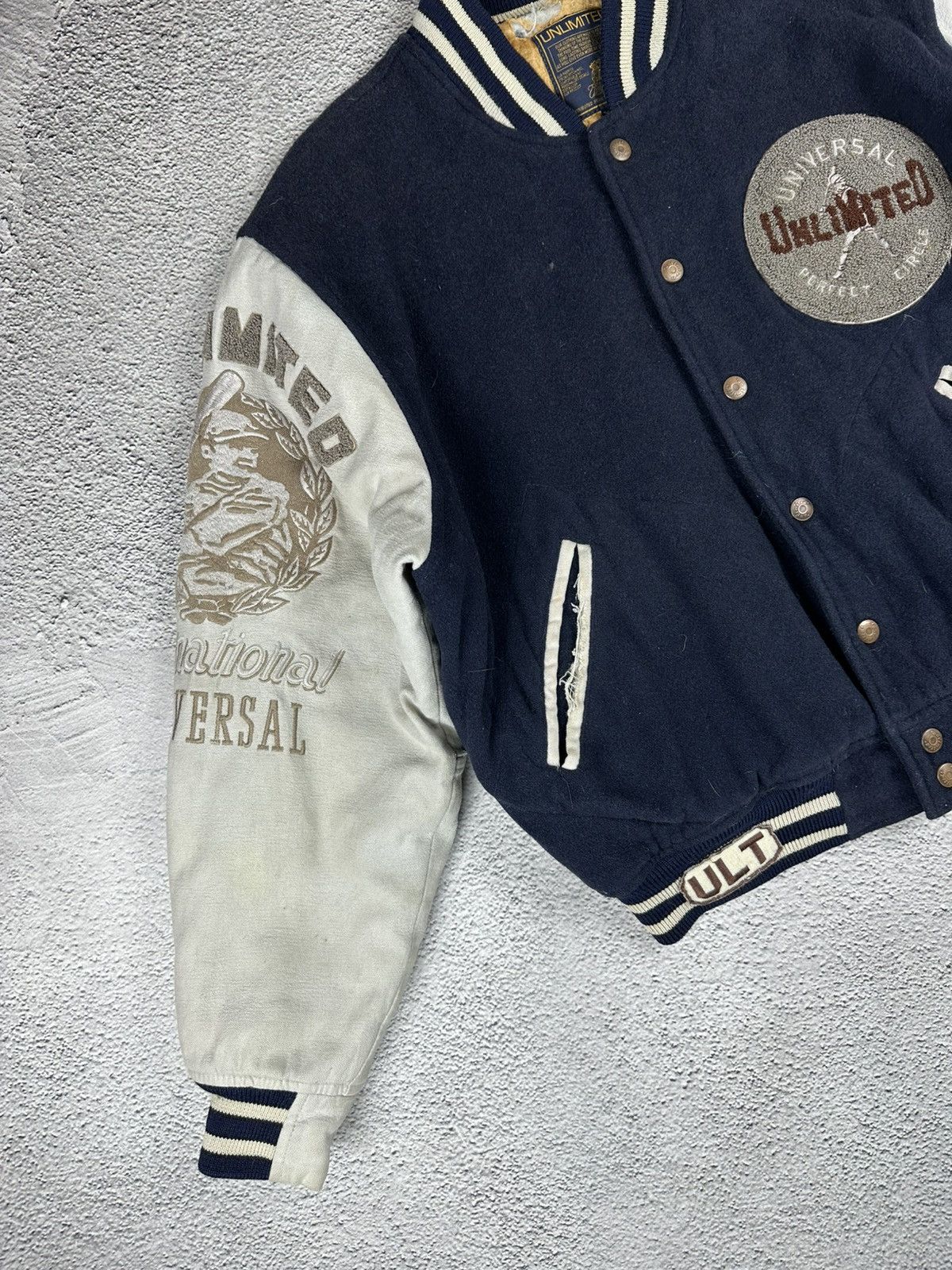 Japanese Brand Vintage Varsity Wool Jacket Unlimited Universal Distressed Size US XL / EU 56 / 4 - 4 Thumbnail