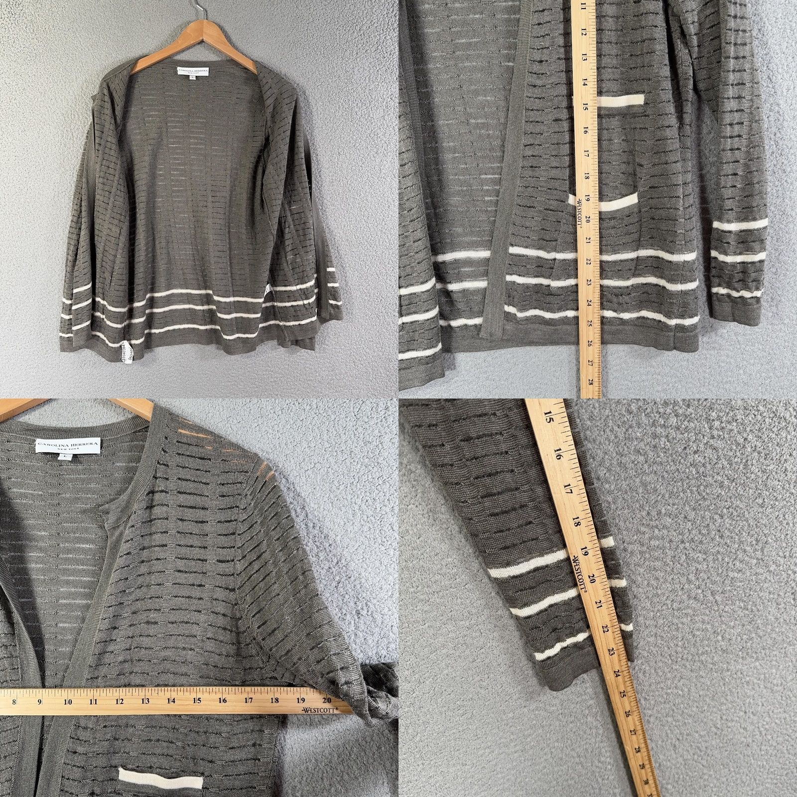 Carolina Herrera Carolina Herrera Cardigan Sweater Womens Large Gray Silk Cashmere Open Knit Crew Neck Long Sleeve Pockets Lightweight Size L / US 10 / IT 46 - 8 Thumbnail
