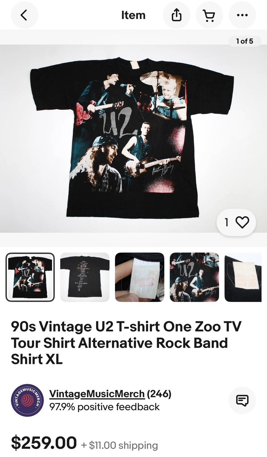 Band Tees × Vintage Vintage 90s U2 Achtung Baby Zoo Tour All Over Print Band Tee Size US XL / EU 56 / 4 - 10 Thumbnail